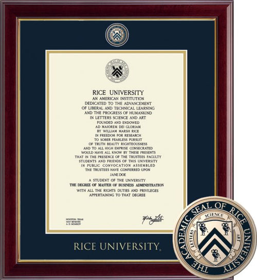 Rice University Masterpiece Diploma Frame. Bachelors, Masters, PhD