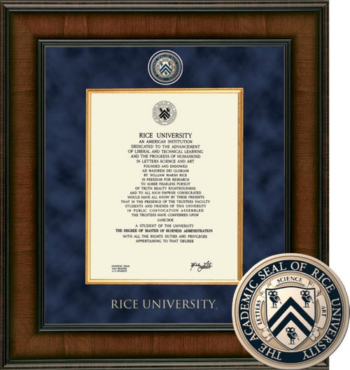 Rice University Presidential Diploma Frame. Bachelors, Masters, PhD