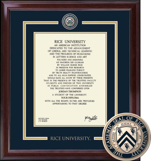Rice University Showcase Diploma Frame. Bachelors, Masters, PhD